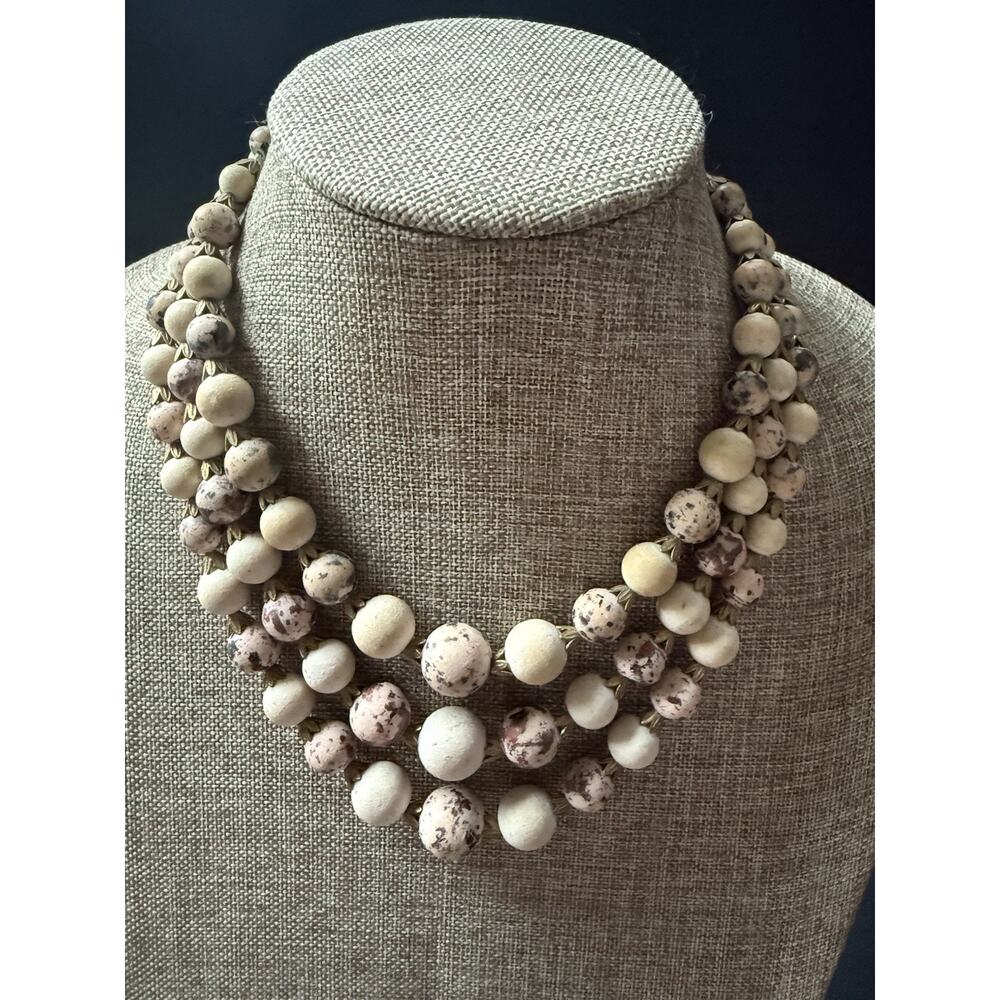 Vintage 3 Strand Matte Bead Necklace Rose Pink Gold Tone Layered Retro Cocktail